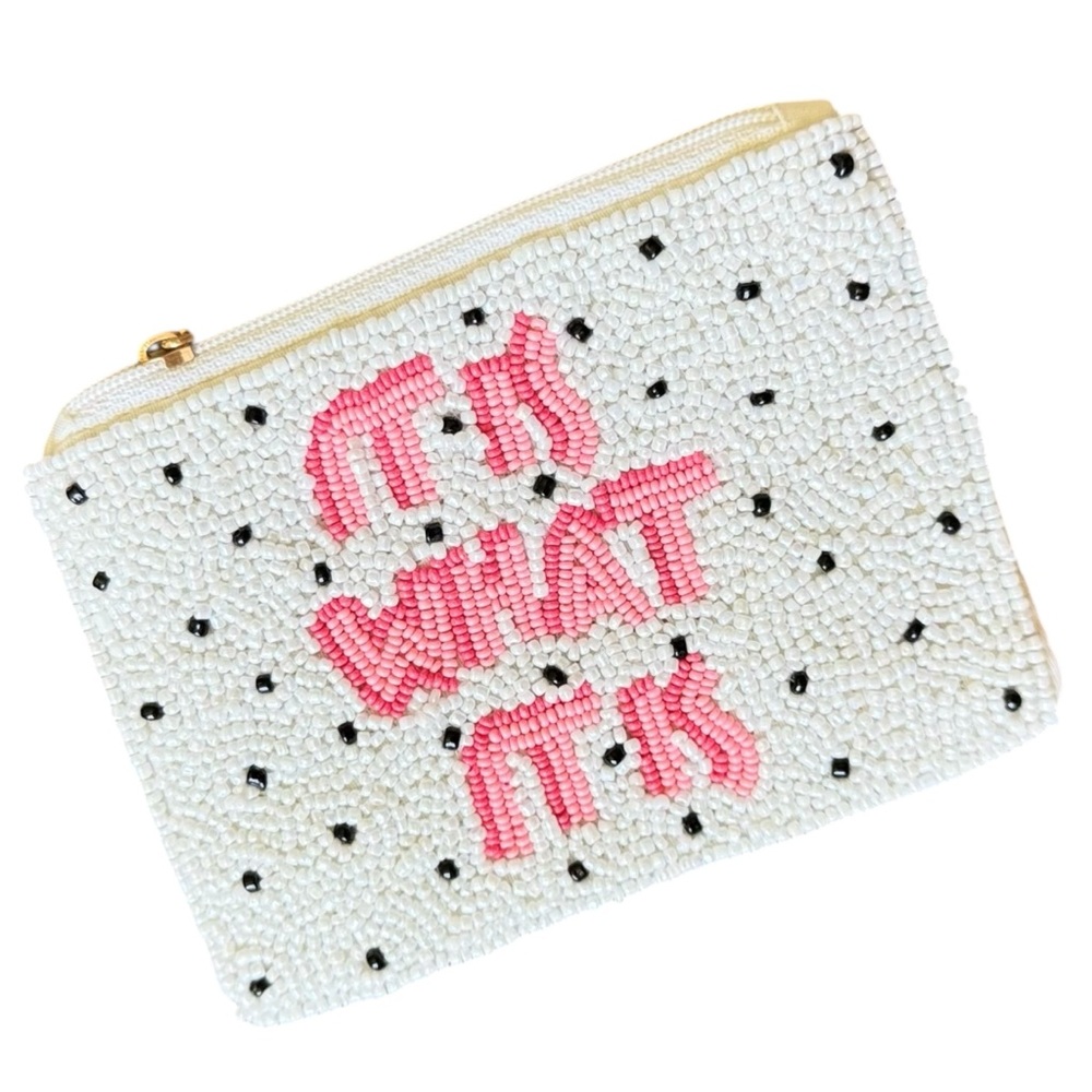 Handmade It Is What It Is Beaded White Pink Zipper Card Coin Lipstick Pouch New